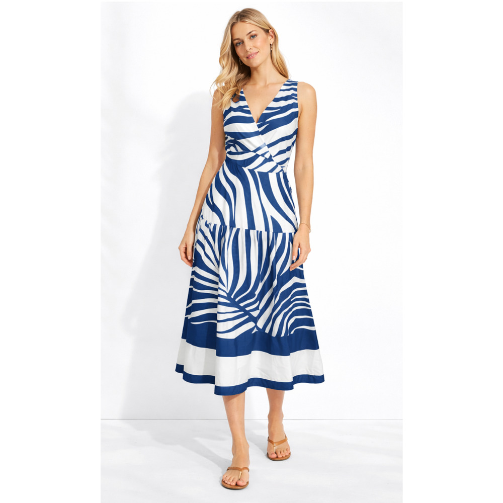 WHITE HOUSE BLACK MARKET WHBM BLUE PALM SLEEVELESS V-NECK SATEEN MIDI DRESS 14
